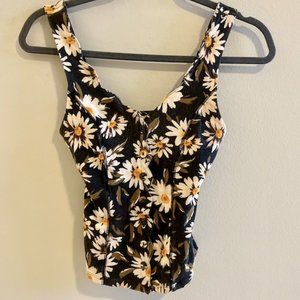 Kimchi Blue XS Tight Black Shirt with white flowers and scalloped neckline